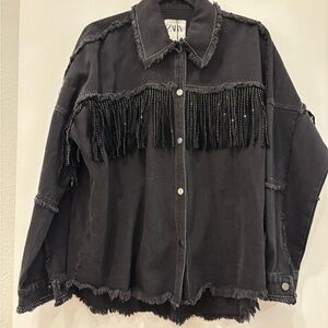 NWT Zara Denim crystal fringe button up collared Jacket festival country boho